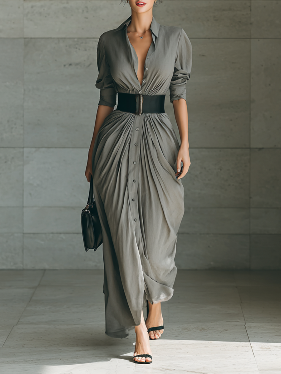 Zéphyrine | Vestido largo plisado con solapa