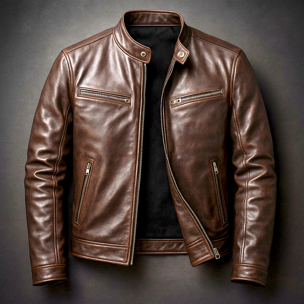 Leonardo | Chaqueta vintage de piel con cremallera - Marrón