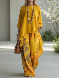 Alba conjunto boho de túnica asimétrica y pantalón ancho amarillo