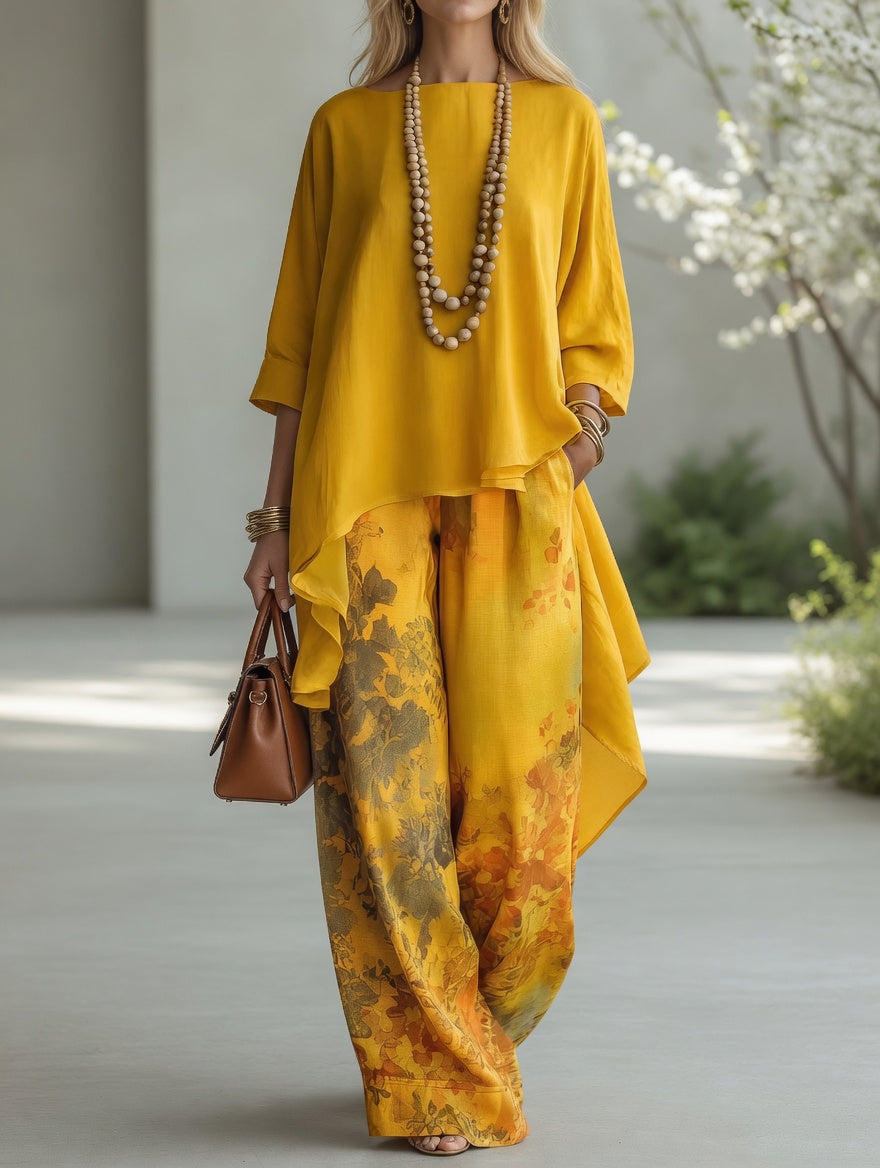 Alba conjunto boho de túnica asimétrica y pantalón ancho amarillo