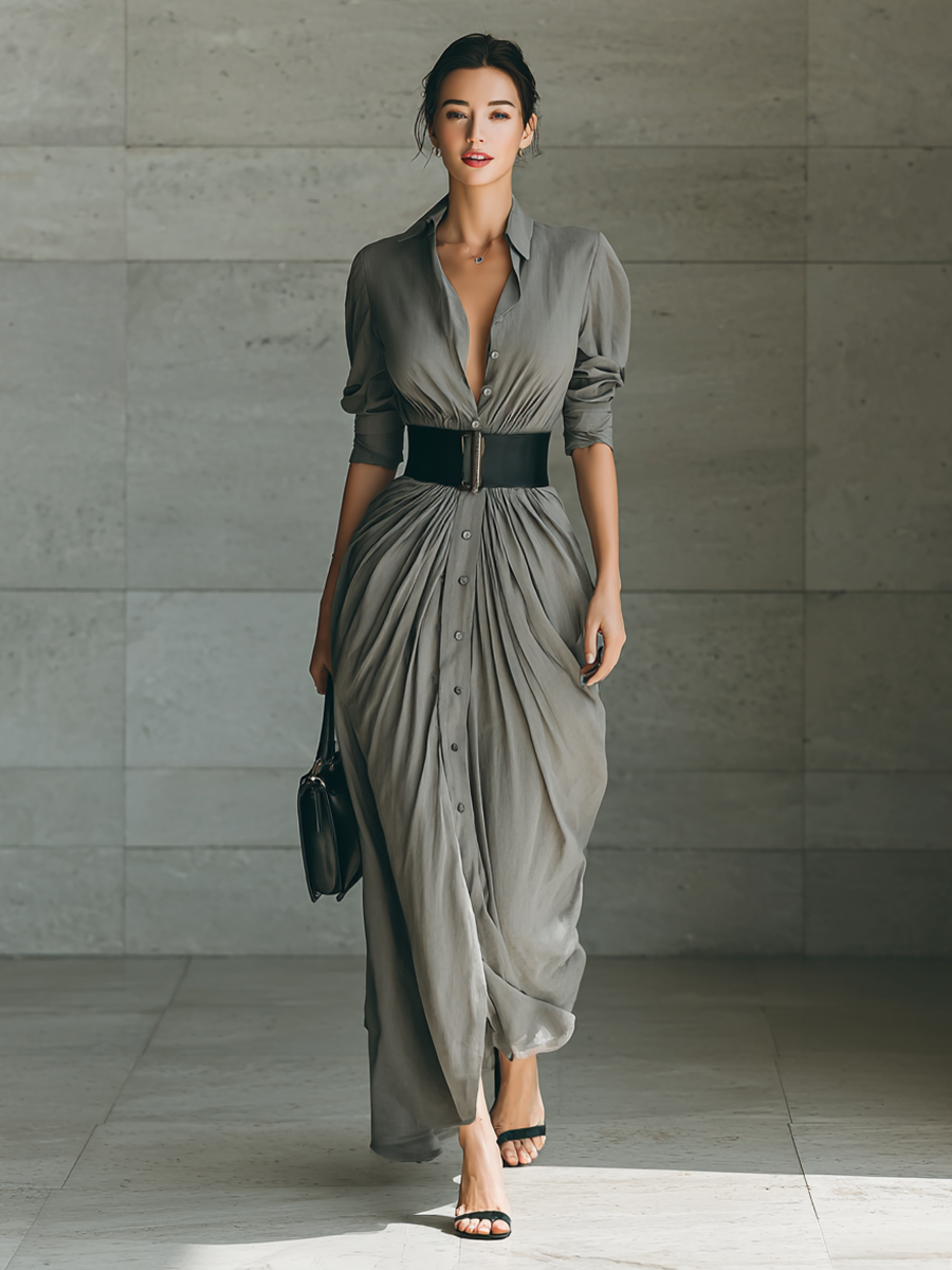 Zéphyrine vestido largo plisado gris