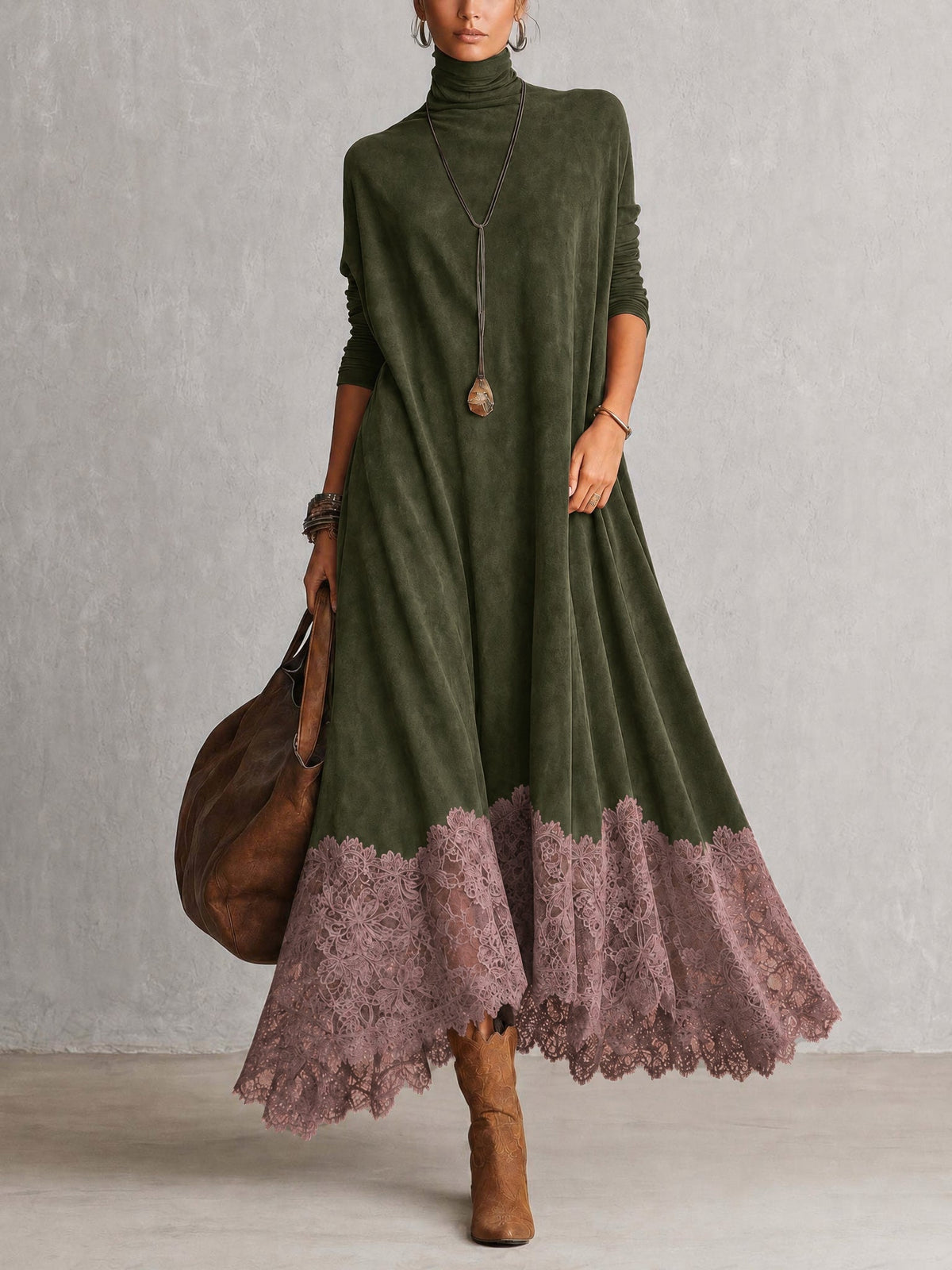Brunella | Vestido largo efecto ante con bajo de encaje