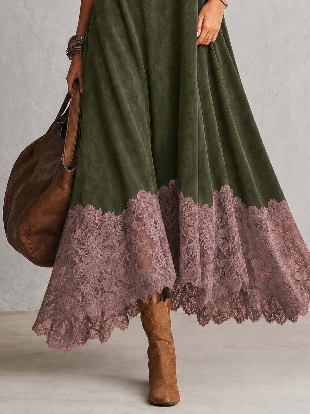 Brunella | Vestido largo efecto ante con bajo de encaje