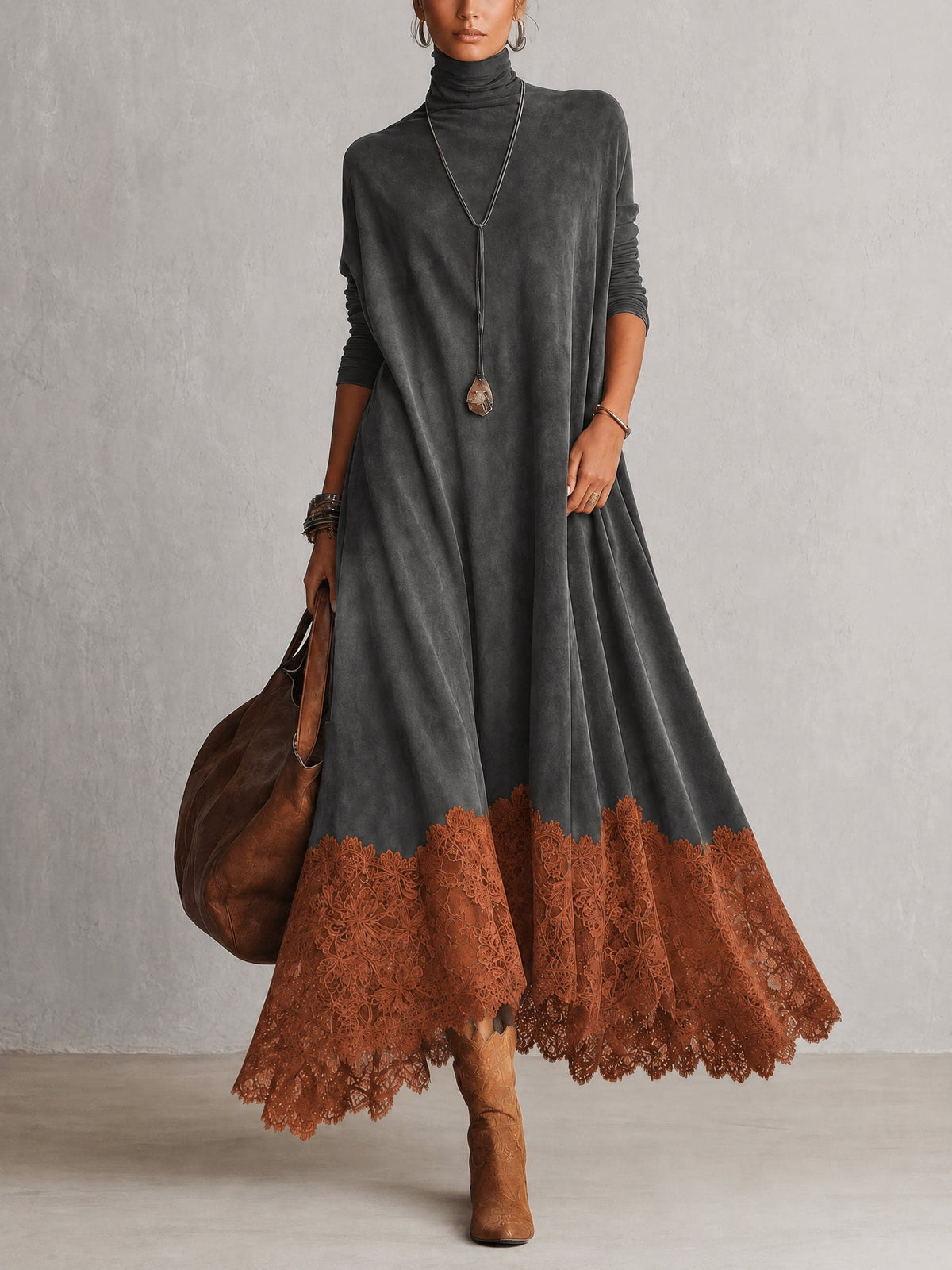 Brunella | Vestido largo efecto ante con bajo de encaje