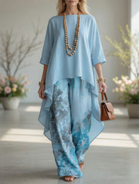 Alba conjunto boho de túnica asimétrica y pantalón ancho azul