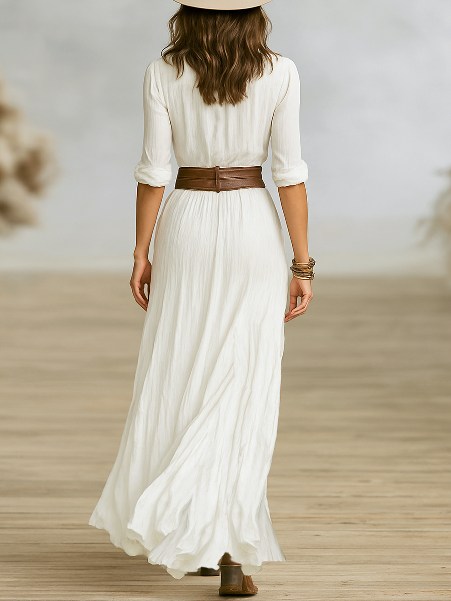 Aurore | Vestido largo de lino con cuello vuelto y cinturón