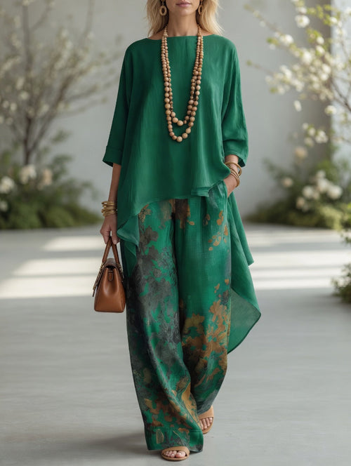 Alba conjunto boho de túnica asimétrica y pantalón ancho verde