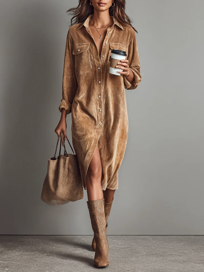 Estelle vestido midi de pana marrón
