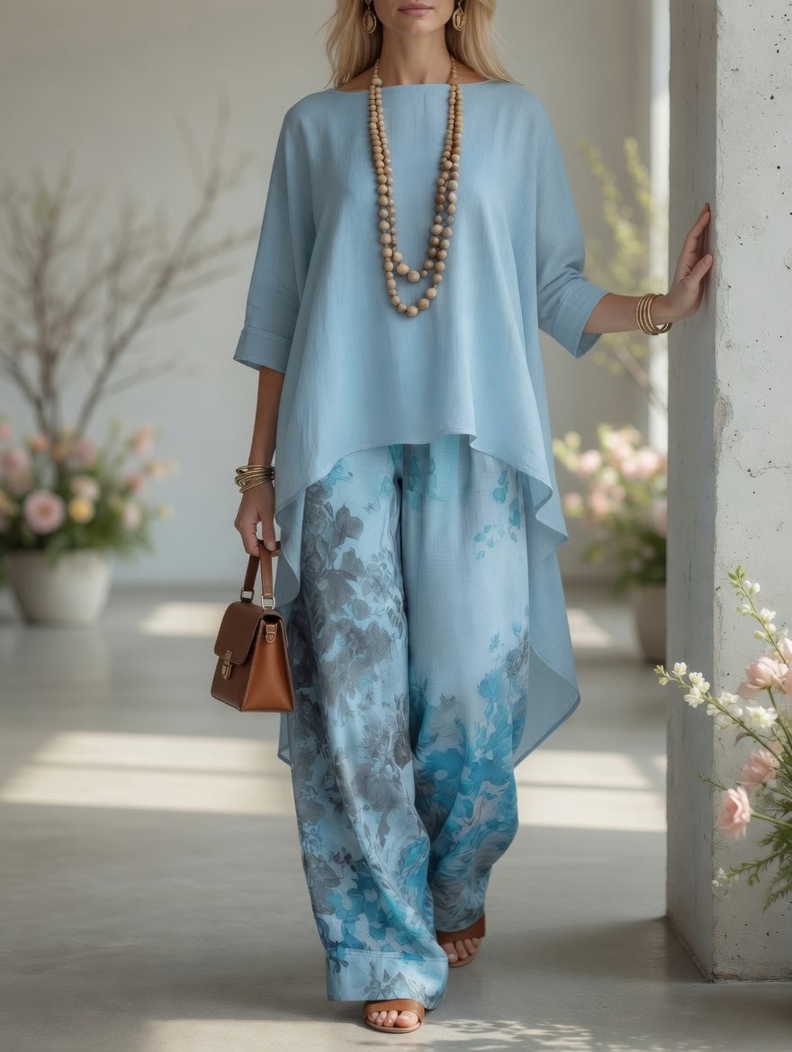 Alba conjunto boho de túnica asimétrica y pantalón ancho verde