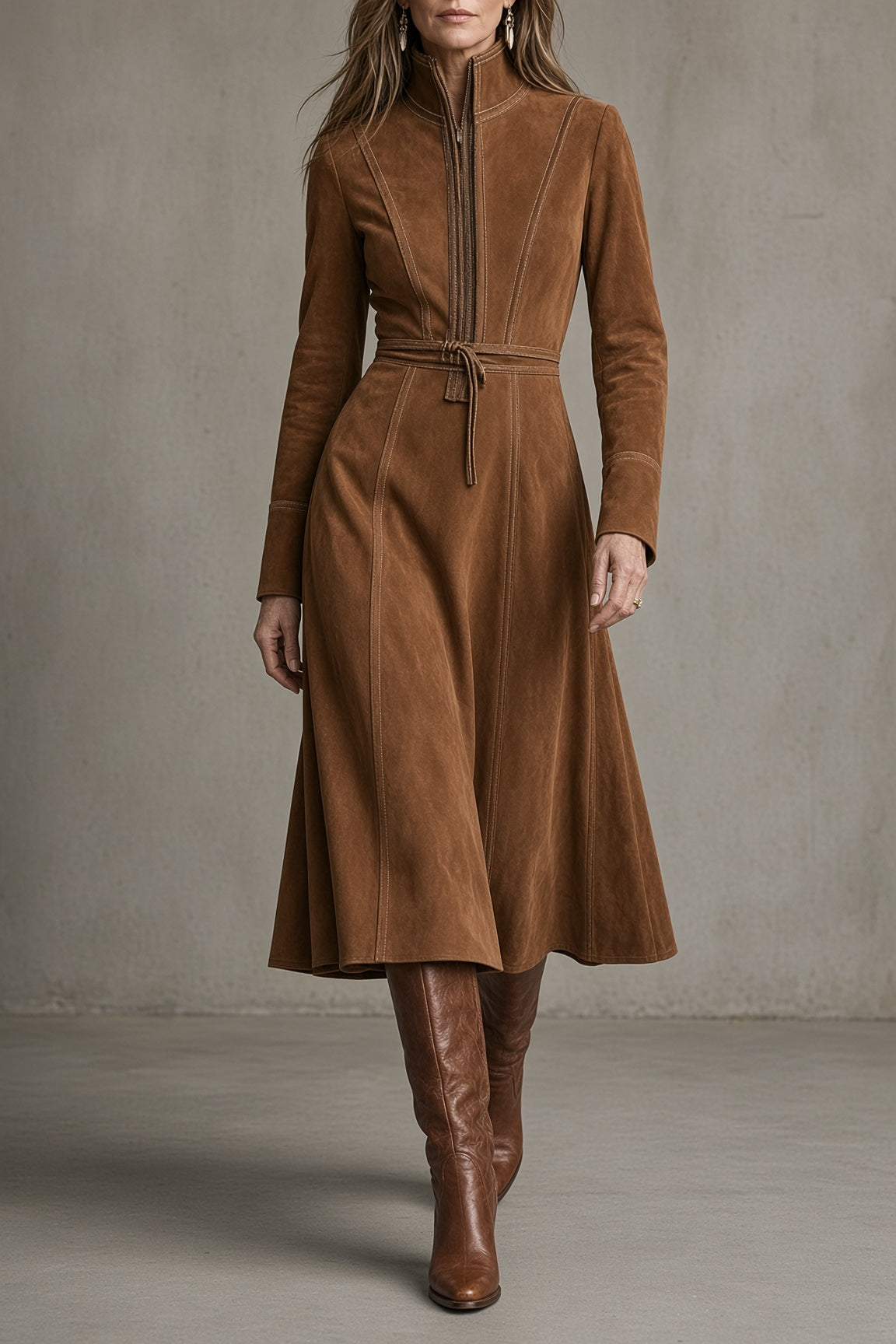 Amparo vestido vintage de cuello alto marrón