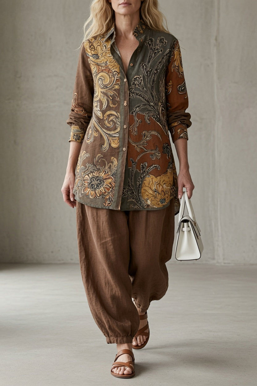 Lucía conjunto vintage de camisa estampada y pantalón fluido marrón
