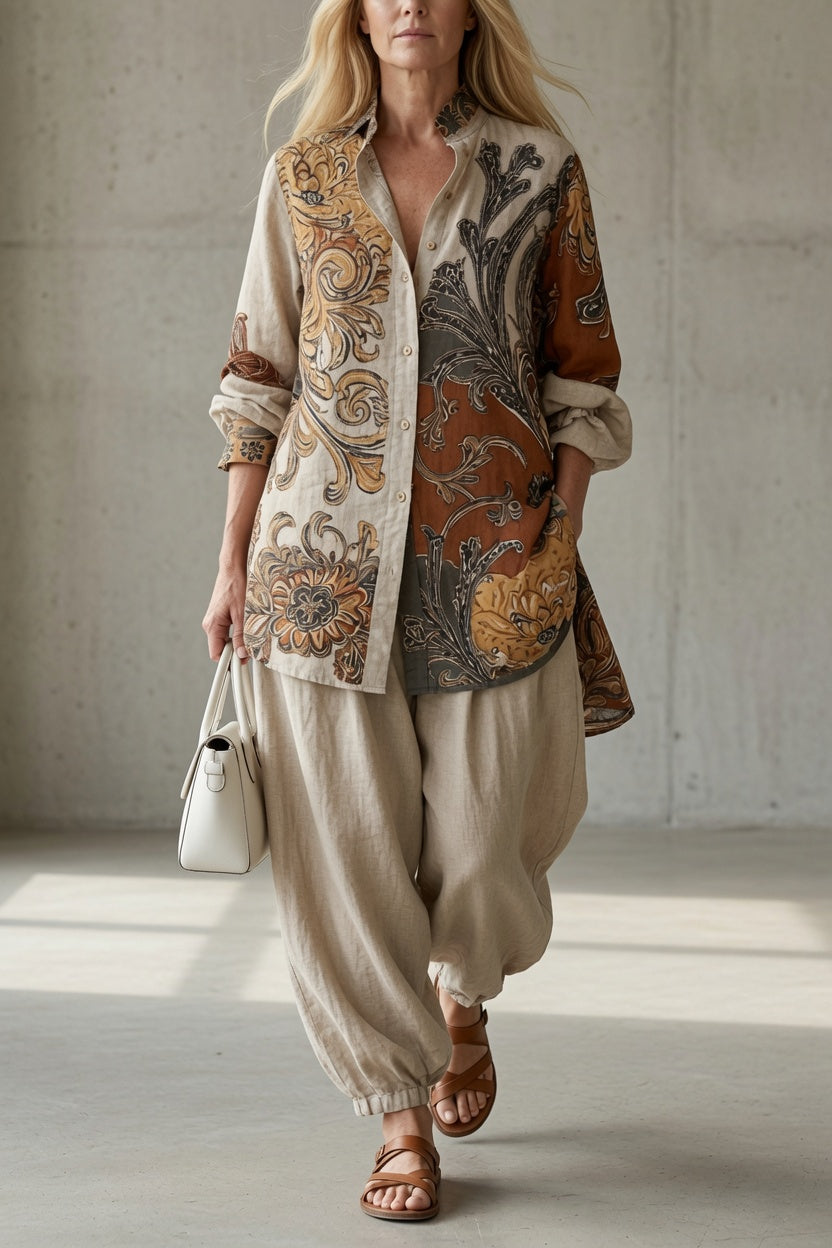 Lucía | Conjunto vintage de camisa estampada y pantalón fluido
