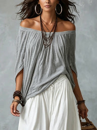 Paloma conjunto boho de top de hombros descubiertos y pantalón gris