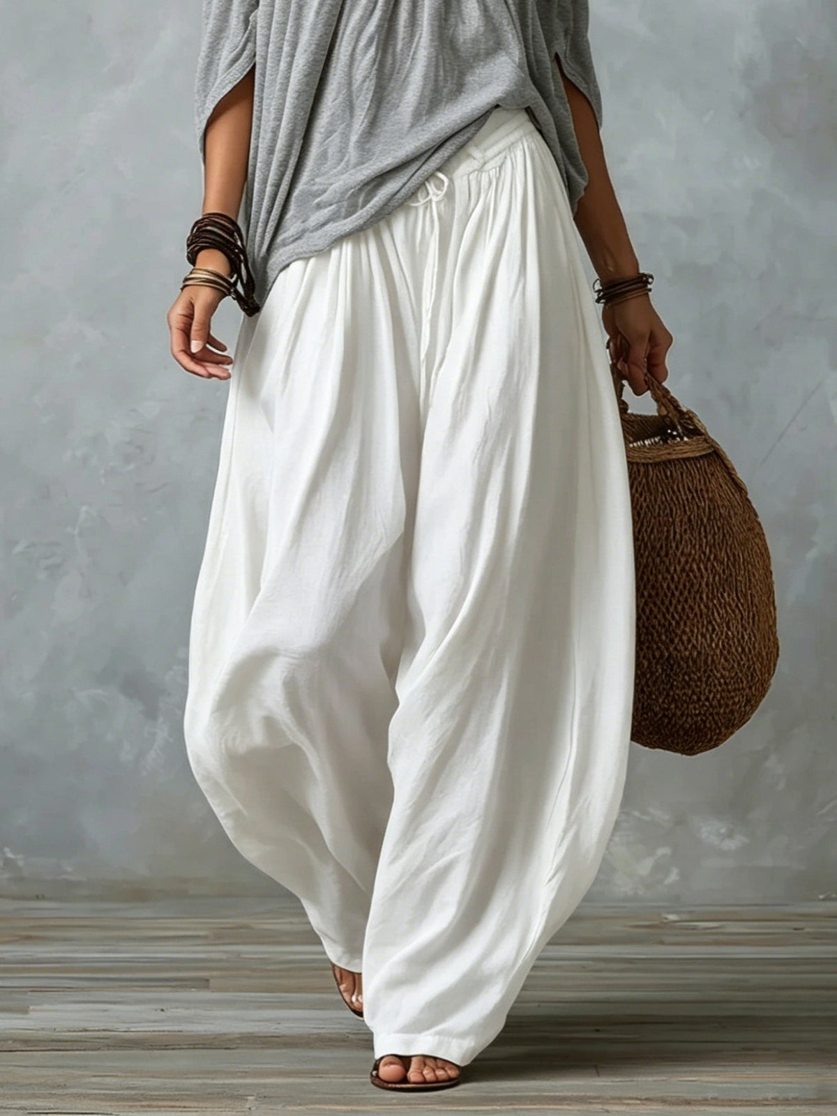 Paloma conjunto boho de top de hombros descubiertos y pantalón gris
