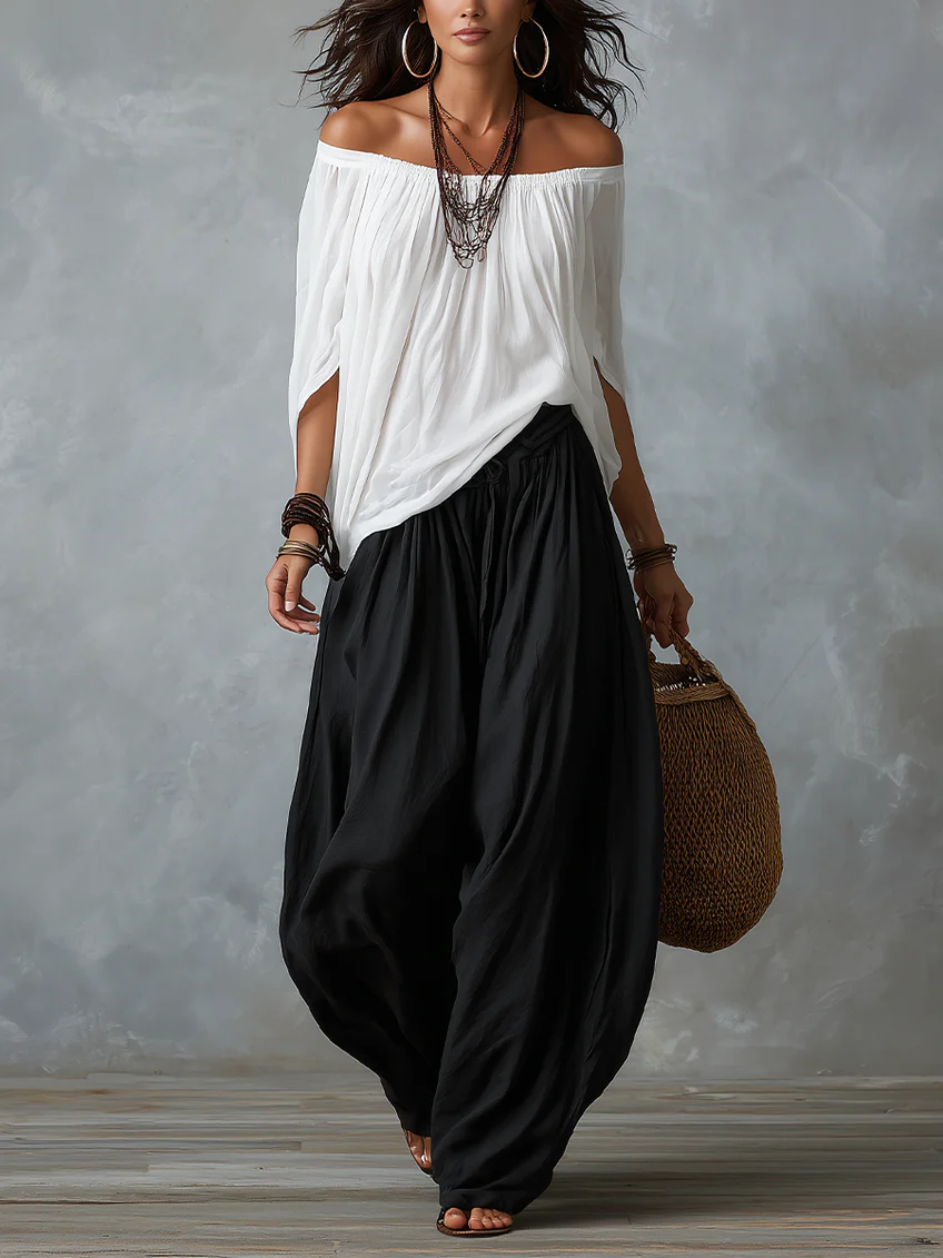 Paloma conjunto boho de top de hombros descubiertos y pantalón blanco