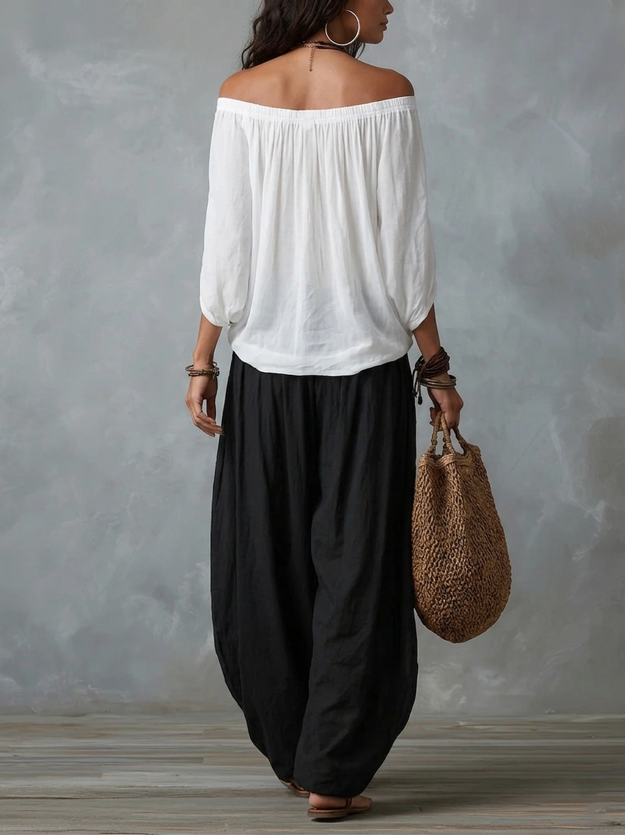 Paloma conjunto boho de top de hombros descubiertos y pantalón gris